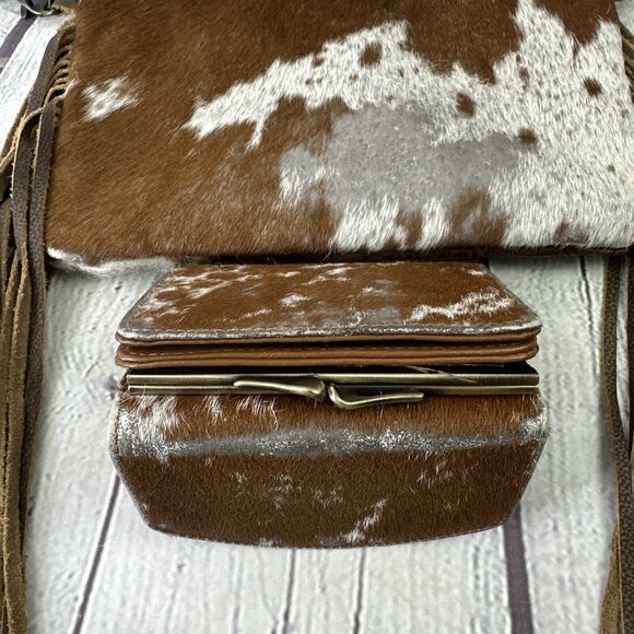 Myra Bag Leather ,Floral Canvas & Cowhide Whipstitch Fringe Crossbody W/ Wallet‎ - Picture 13 of 14